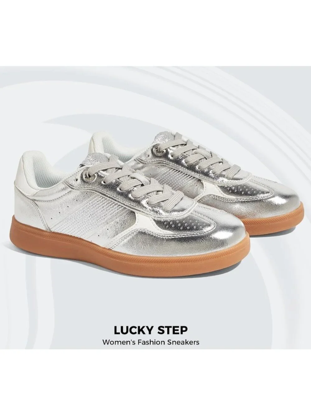 Women's Silver Faux Leather Comfortable Trendy Casual Retro Skate Sneakers